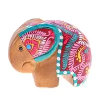 Wood figurine, 'Tiny Sage' - Floral Painted Raintree Wood Elephant Figurine in Fuchsia