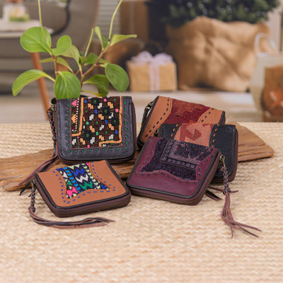 Hill Tribe Woven Embroidered Leather Cotton Bi-Fold Wallet, 'Folk Art Charm'