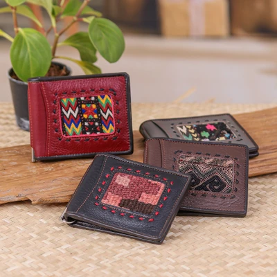 Men's leather and cotton wallet, 'Simply Smart' - Men's Leather Cotton Wallet with Stainless Steel Money Clip