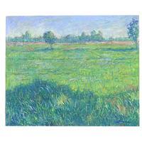'Rain-Kissed Rice Fields' - Signed Impressionist Green Rice Field Oil on Canvas Painting
