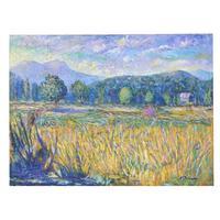 'Rice Field in Winter' - Thai-Made Impressionist Oil on Canvas Painting of Rice Field