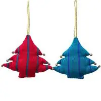 Rayon ornaments, 'Striped Holidays' (set of 2) - Striped 2-Piece Rayon Tree Ornament Set in Red and Teal Hues