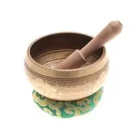 Brass alloy singing bowl set, 'Green Eternal Balance' (3 pieces) - 3-Piece Brass Alloy Singing Bowl Set with Mango Wood Mallet