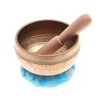 Brass alloy singing bowl set, 'Blue Eternal Balance' (3 pieces) - 3-Piece Brass Alloy Singing Bowl Set with Wooden Mallet