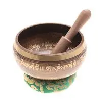 Brass alloy singing bowl set, 'Green Spiritual Journey' (3 pieces) - 3-Piece Brass Alloy Singing Bowl Mallet and Cushion Set
