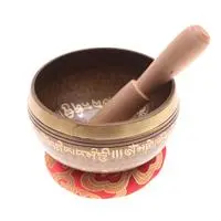 Brass alloy singing bowl set, 'Spiritual Journey' (3 pieces) - 3-Piece Brass Alloy Singing Bowl Mallet and Red Cushion Set
