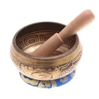 Brass alloy singing bowl set, 'Indigo Om Chakra' (3 pieces) - Brass Alloy Singing Bowl Mallet Cushion 3-Piece Mindful Set