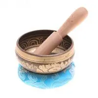 Brass alloy singing bowl set, 'Blue Om Chakra' (3 pieces) - 3-Piece Om Chakra Brass Alloy Singing Bowl Set with Mallet