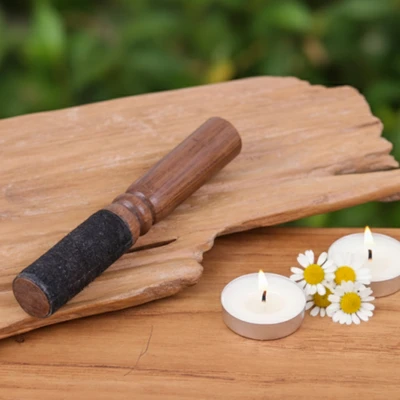 Walnut wood mallet, 'Dual-Tone Striker' - Walnut Wood and Faux Leather Mallet for Singing Bowls