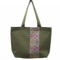 Cotton tote bag, 'Geometric Charm' - Green Cotton Tote Bag with Handwoven Thai Folk Art Accent