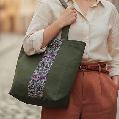 Cotton tote bag, 'Geometric Charm' - Green Cotton Tote Bag with Handwoven Thai Folk Art Accent