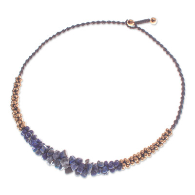 Lapis lazuli pendant necklace, 'Blue Orchids' - Bohemian Pendant Necklace with Lapis Lazuli and Brass Beads