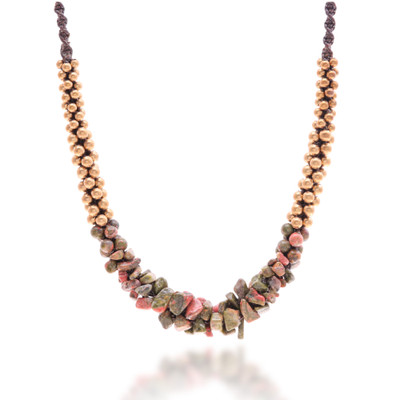 Unakite pendant necklace, 'Colorful Orchids' - Adjustable Pendant Necklace with Unakite Chips Brass Beads