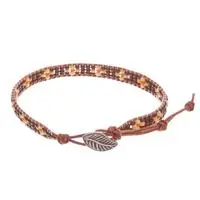 Leather-accented glass beaded wrap bracelet, 'Leafy Embrace' - Earthy Palette Leather and Glass Beaded Leafy Wrap Bracelet