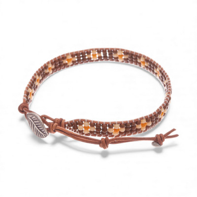 Leather-accented glass beaded wrap bracelet, 'Leafy Embrace' - Earthy Palette Leather and Glass Beaded Leafy Wrap Bracelet