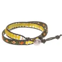 Leather-accented serpentine beaded wrap bracelet, 'Green & Great' - Bohemian-Themed Yellow and Green Serpentine Beaded Bracelet