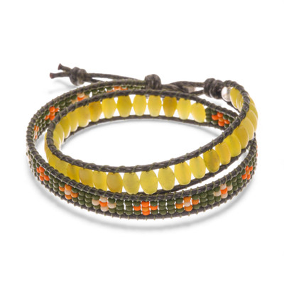 Leather-accented serpentine beaded wrap bracelet, 'Green & Great' - Bohemian-Themed Yellow and Green Serpentine Beaded Bracelet