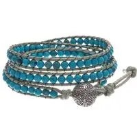 Howlite wrap bracelet, 'Tranquil Flower' - Oxidized Floral Leather-Accented Blue Howlite Wrap Bracelet