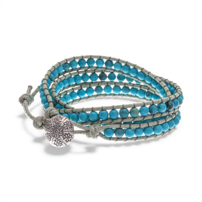Howlite wrap bracelet, 'Tranquil Flower' - Oxidized Floral Leather-Accented Blue Howlite Wrap Bracelet