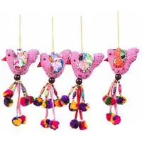 Cotton blend ornaments, 'Greeting Birds' (set of 4) - 4 Cotton Blend Bird Christmas Ornaments with Pompom and Bell