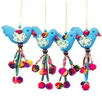Cotton blend ornaments, 'Blue Greeting Birds' (set of 4) - 4 Cotton Blend Beaded Bird Ornaments with Pompoms and Bells