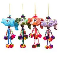 Cotton blend ornaments, 'Festive Fish' (set of 4) - 4 Cotton Blend Beaded Fish Christmas Ornaments with Pompoms