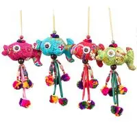 Cotton blend ornaments, 'Holiday Fish' (set of 4) - 4 Fish-Themed Cotton Blend Beaded Ornaments with Pompoms