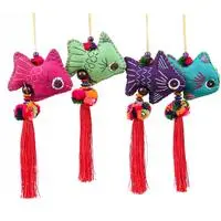 Cotton ornaments, 'Oceanic Holidays' (set of 4) - 4 Fish-Themed Cotton Ornaments with Pom-Poms Tassels Bells