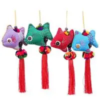 Cotton ornaments, 'Marine Holidays' (set of 4) - 4 Cotton Fish Christmas Ornaments with Pompoms and Tassels