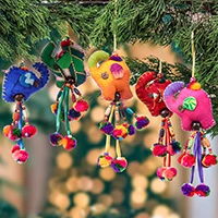 Cotton ornaments, 'Holiday Parade' (set of 5) - 5 Cotton Beaded Elephant Christmas Ornaments with Pompoms