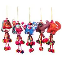 Cotton ornaments, 'Christmas Parade' (set of 5) - 5 Elephant-Shaped Cotton Beaded Ornaments with Pompoms