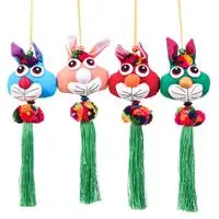 Cotton ornaments, 'Holiday Bunnies' (set of 4) - 4 Bunny-Themed Cotton Ornaments with Pom-Poms and Tassels