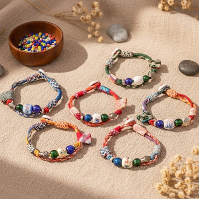 Cotton and glass beaded braided bracelet, 'Braided Vibe' - Artisan-Made Cotton and Hemp Glass Beaded Braided Bracelet
