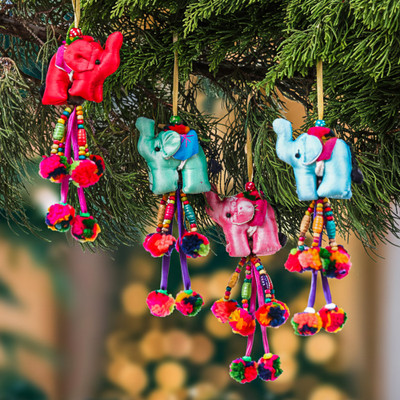 Cotton blend ornaments, 'Elephants of Splendor' (set of 4) - 4-Piece Cotton Blend Good Fortune Thai Elephant Ornament Set
