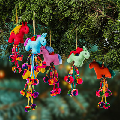 Cotton ornaments, 'Carousel Melody' (set of 6) - Multicolor 6-Piece Horse-Themed Beaded Cotton Ornament Set