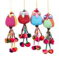 Cotton ornaments, 'Chic Owls' (set of 4) - Bird-Themed Colorful 4-Piece 100% Cotton Owl Ornament Set