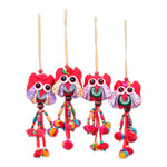 Cotton blend ornaments, 'Fire Owls' (set of 4) - Red-Palette Owl-Themed 4-Piece Cotton Blend Ornament Set