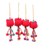 Cotton blend ornaments, 'Fire Owls' (set of 4) - Red-Palette Owl-Themed 4-Piece Cotton Blend Ornament Set