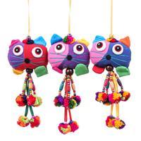 Cotton ornaments, 'Feline Palette' (set of 3) - Cat-Inspired Whimsical 3-Piece Colorful Cotton Ornament Set