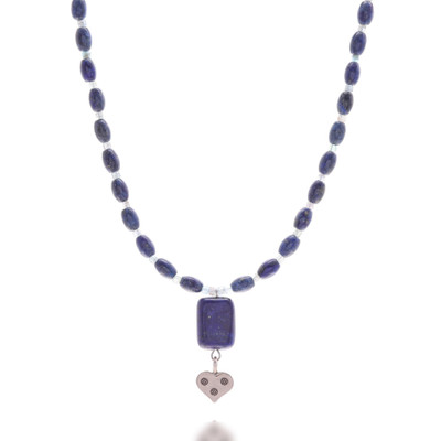 Lapis lazuli and apatite beaded pendant necklace, 'Royal Blue Heart' - Lapis Lazuli Apatite Necklace with 950 Silver Heart Pendant