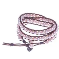 Leather and cultured pearl wrap bracelet, 'Fortunate Pearls' - Leather-Accented Cultured Pearl Wrap Bracelet in Pink Hues