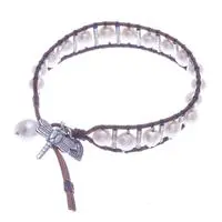 Cultured pearl beaded bracelet, 'Thai Cloud' - Artisan-Made Leather and Pearl Dragonfly Beaded Bracelet