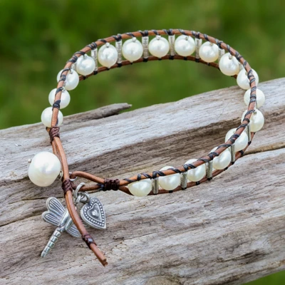Cultured pearl beaded bracelet, 'Thai Cloud' - Artisan-Made Leather and Pearl Dragonfly Beaded Bracelet