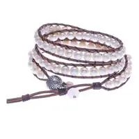 Cultured pearl and rose quartz wrap bracelet, 'Divine Pearls' - Thai Leather-Accented White Cultured Pearl Wrap Bracelet