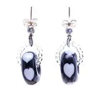 Blown glass beaded dangle earrings, 'Nocturnal Love' - Romantic Black and White Blown Glass Heart Dangle Earrings