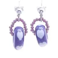Blown glass beaded dangle earrings, 'Charmed Love' - Purple and White Blown Glass Heart Beaded Dangle Earrings