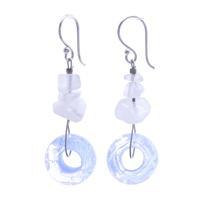 Blown glass and quartz beaded dangle earrings, 'Sparkling Wheels' - Sparkling Handblown Glass and Quartz Beaded Dangle Earrings
