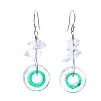 Blown glass and clear quartz beaded dangle earrings, 'Lagoon Wheels' - Glass and Clear Quartz Beaded Dangle Earrings in Turquoise