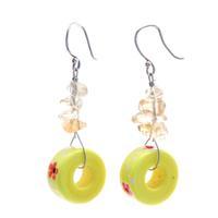 Blown glass and quartz beaded dangle earrings, 'Joyful Wheels' - Spring-Inspired Yellow Glass and Quartz Chip Dangle Earrings