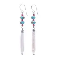Multi-gemstone dangle earrings, 'Distinguished Pearl' - Hill Tribe-Inspired Multi-Gemstone Dangle Hook Earrings
